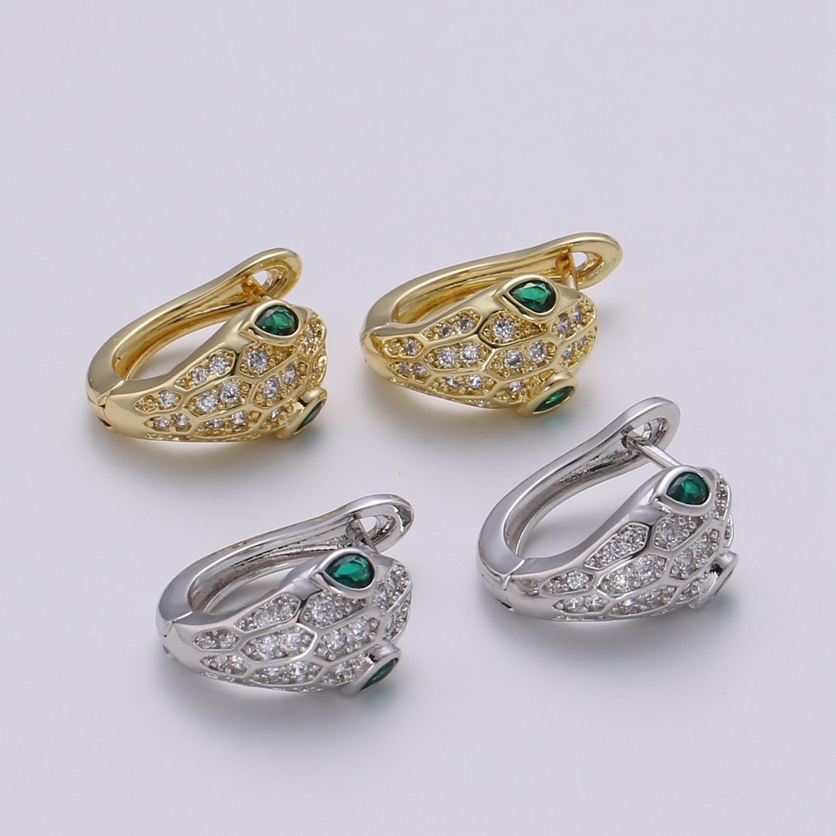 SNAKE Head Emerald Green Zirconia Eye hoops-Snake CZ Pave Cluster earrings -24K Huggie or White Gold hoops Q-362 Q-363
