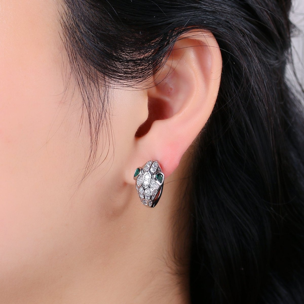 SNAKE Head Emerald Green Zirconia Eye hoops-Snake CZ Pave Cluster earrings -24K Huggie or White Gold hoops Q-362 Q-363