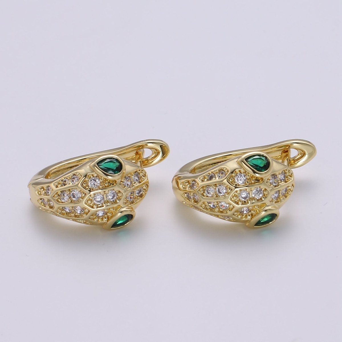 SNAKE Head Emerald Green Zirconia Eye hoops-Snake CZ Pave Cluster earrings -24K Huggie or White Gold hoops Q-362 Q-363