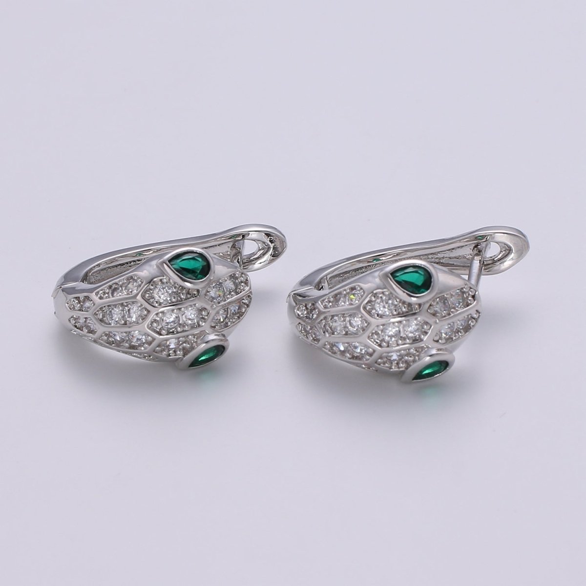 SNAKE Head Emerald Green Zirconia Eye hoops-Snake CZ Pave Cluster earrings -24K Huggie or White Gold hoops Q-362 Q-363