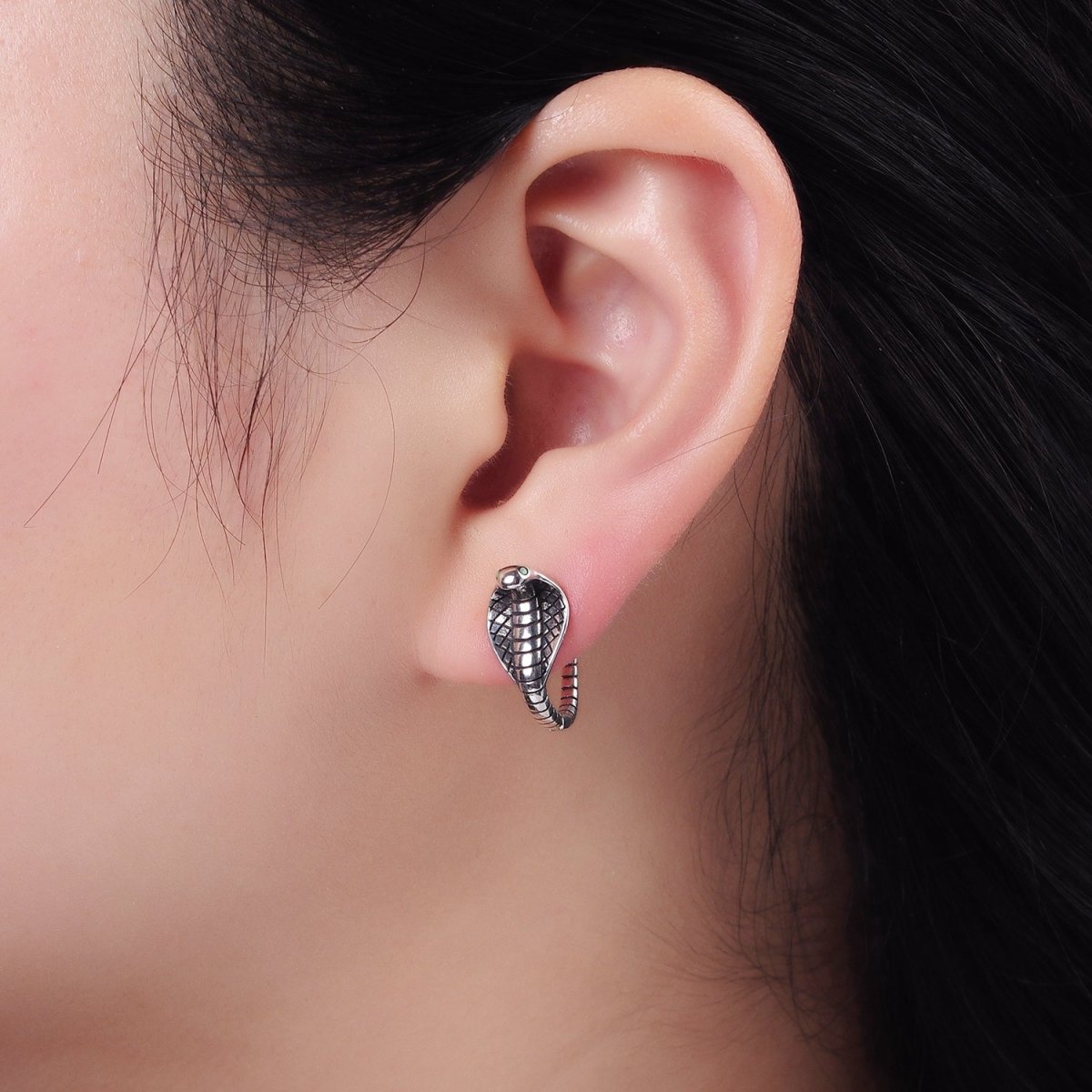 Snake Huggie Hoop in Sterling Silver Serpent Cobra Hoop Earrings SL-481 - DLUXCA