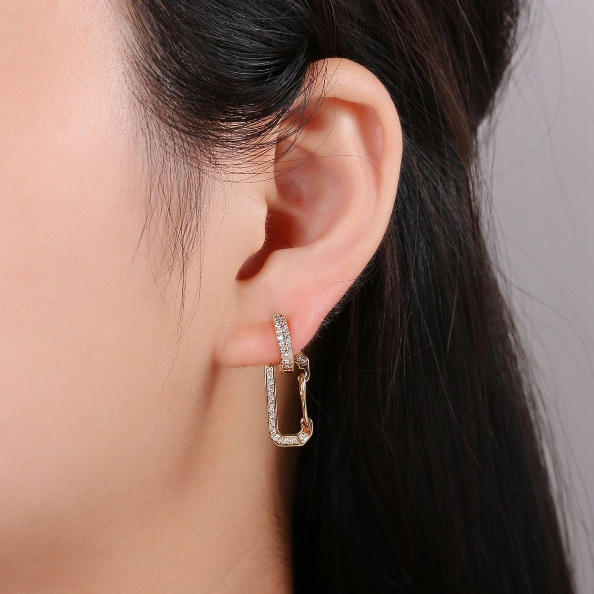 Snap Hook Earring Micro Pave Earring 24k Gold filled Cubic Zirconia Gemstone Gold Statement earring K-581 - DLUXCA