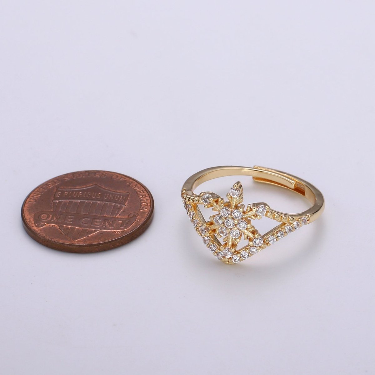 Snowflake Cubic Mini Pendant, Winter Cubic Pave 18K Gold Filled Open Adjustable Ring - DLUXCA