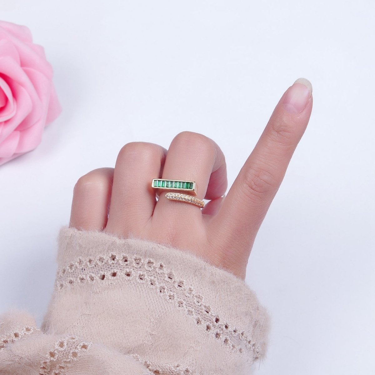 Stackable Gold Pave Baguette Green / Clear CZ Ring O-2232  O-2233