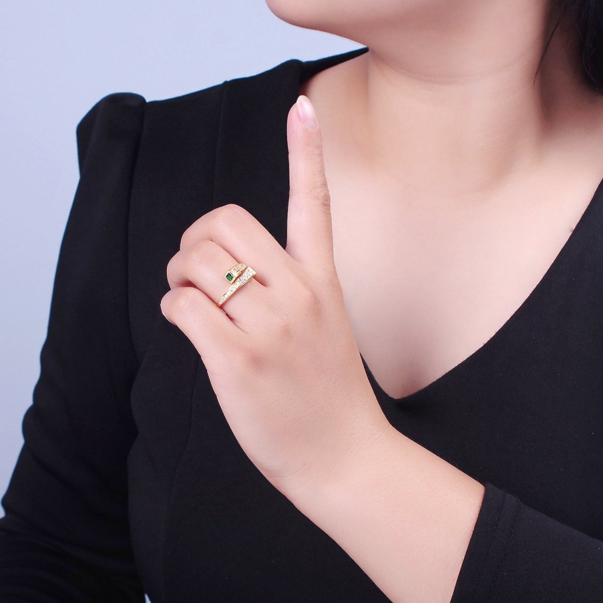 Stackable Pave Ring With Emerald Green CZ Stone open adjustable O-2177 - DLUXCA