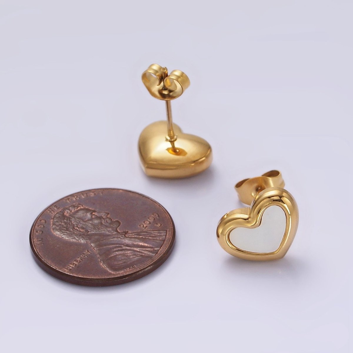 Stainless Steel 10mm Shell Pearl Heart Bezel Stud Earrings in Gold & Silver | AB1123 AB1124