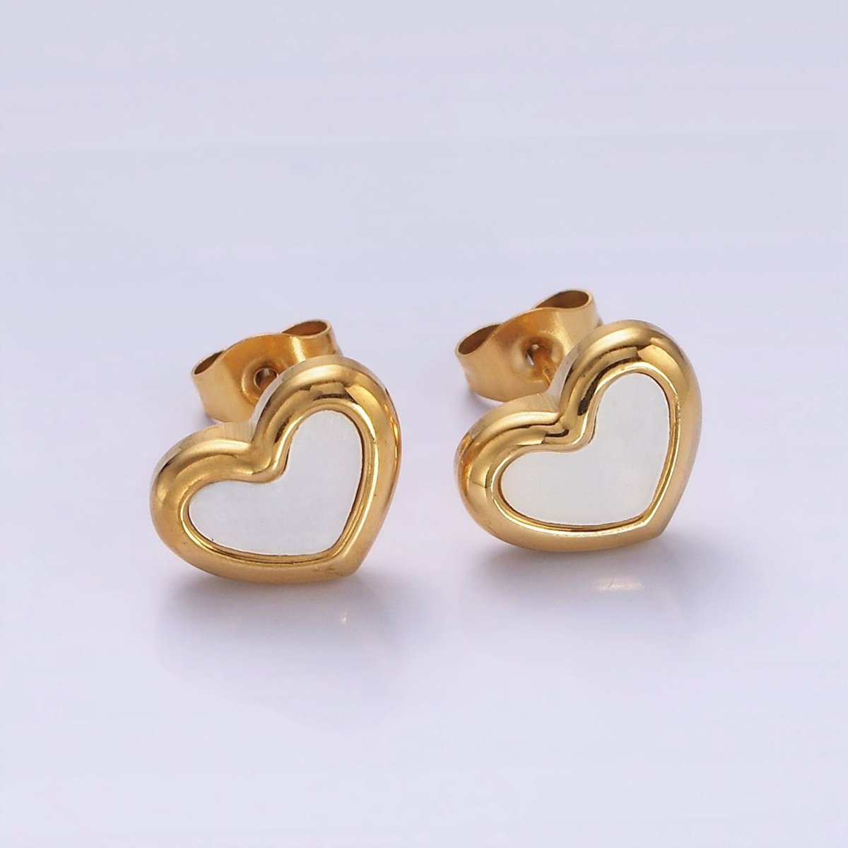 Stainless Steel 10mm Shell Pearl Heart Bezel Stud Earrings in Gold & Silver | AB1123 AB1124