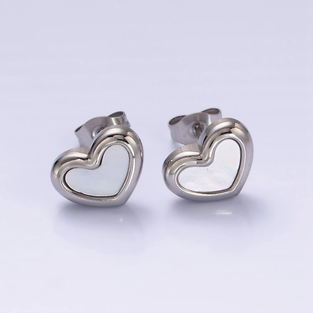 Stainless Steel 10mm Shell Pearl Heart Bezel Stud Earrings in Gold & Silver | AB1123 AB1124
