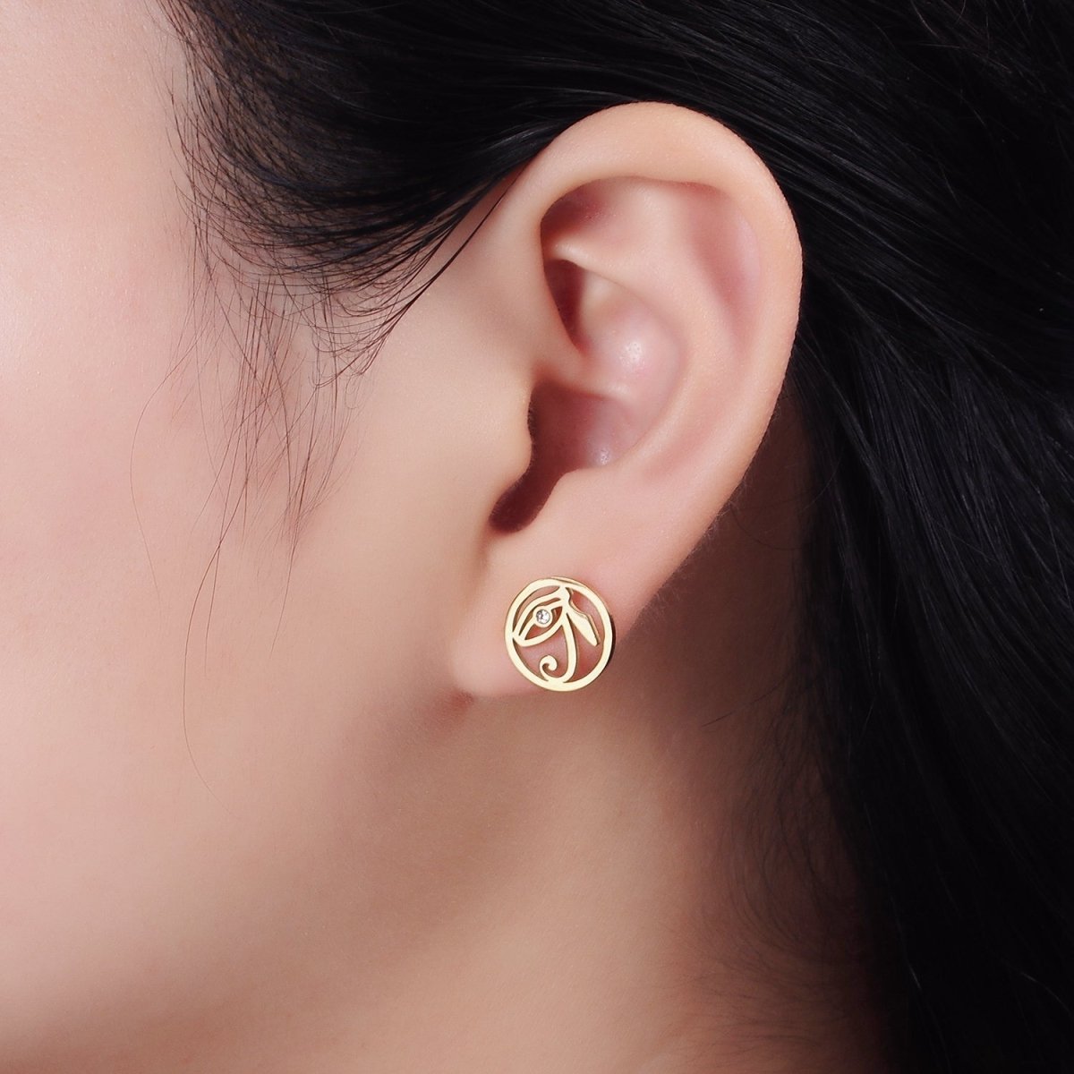 Stainless Steel 11.7mm Clear CZ Evil Eye of Ra Open Round Stud Earrings in Silver | AE871