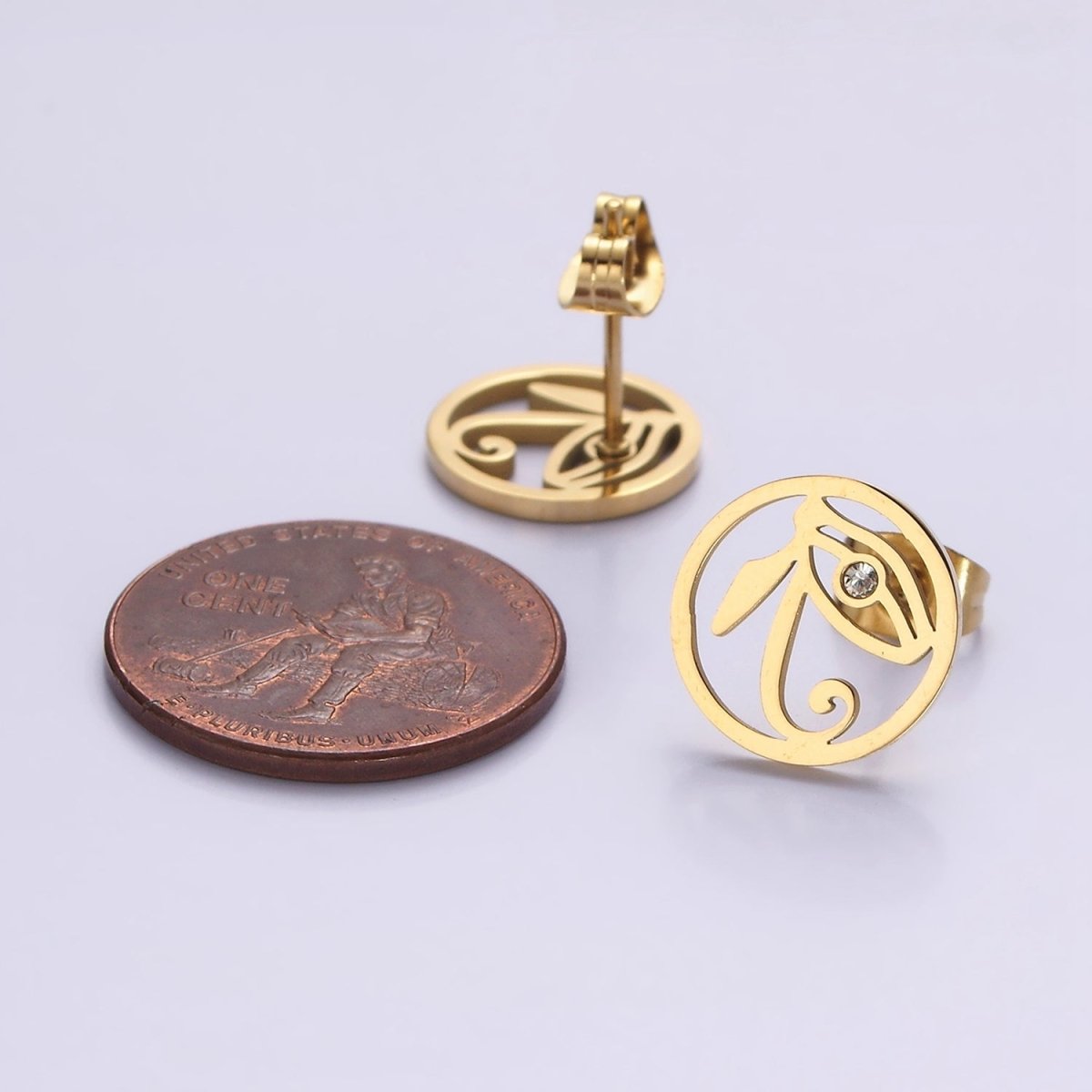 Stainless Steel 11.7mm Clear CZ Evil Eye of Ra Open Round Stud Earrings in Silver | AE871