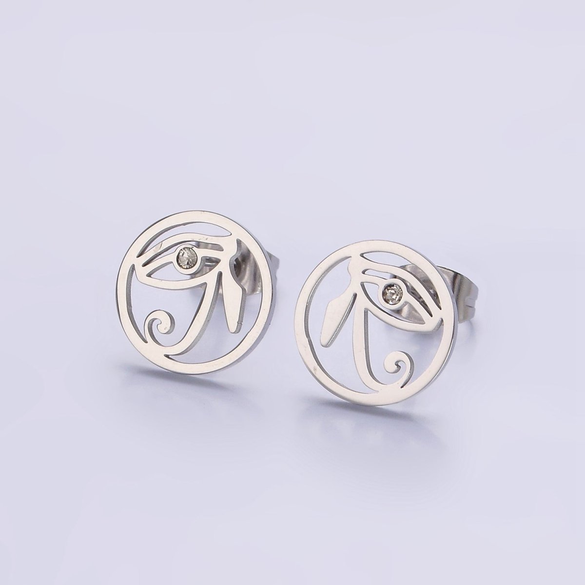 Stainless Steel 11.7mm Clear CZ Evil Eye of Ra Open Round Stud Earrings in Silver | AE871