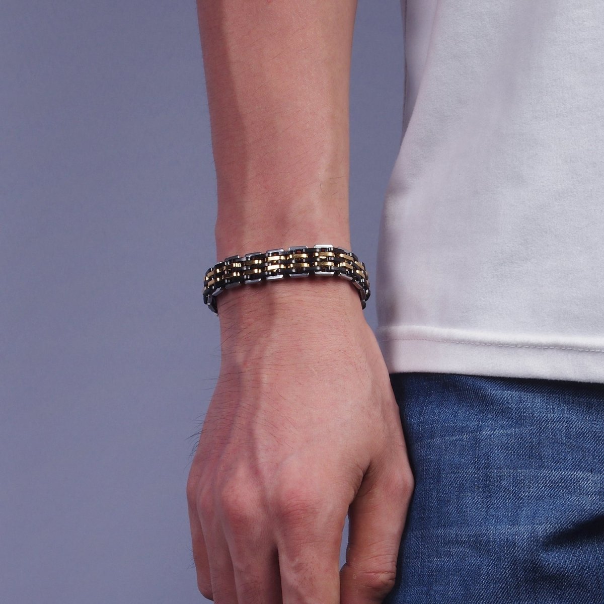 Stainless Steel 12.5mm Multiple Mixed Metal Chain Link Designed 8.5 Inch Bracelet | WA-2255 Clearance Pricing - DLUXCA