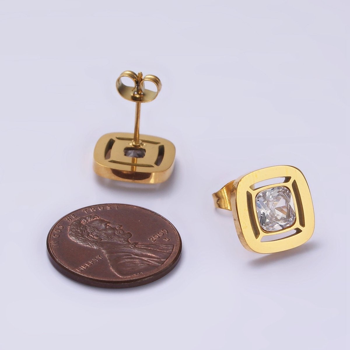 Stainless Steel 12mm Clear CZ Square Bezel Stud Earrings in Gold & Silver | AB1121 AB1122