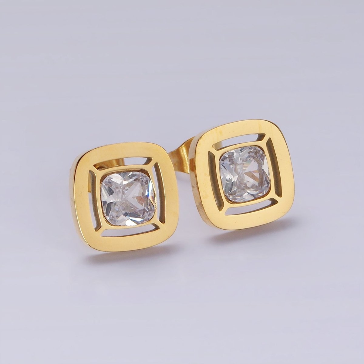 Stainless Steel 12mm Clear CZ Square Bezel Stud Earrings in Gold & Silver | AB1121 AB1122