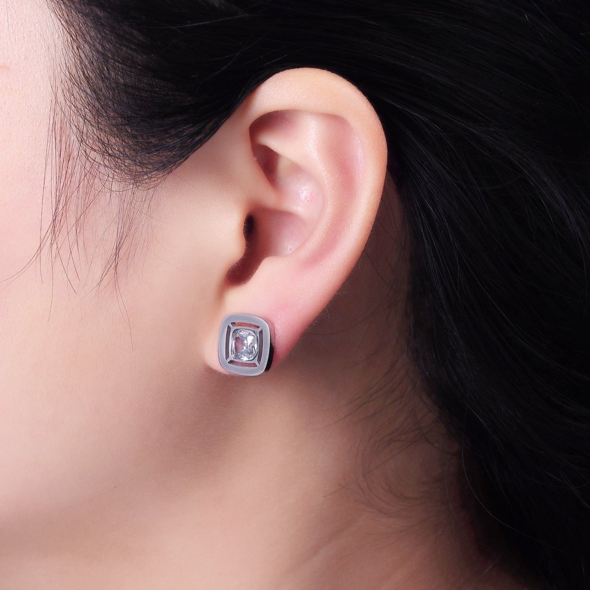 Stainless Steel 12mm Clear CZ Square Bezel Stud Earrings in Gold & Silver | AB1121 AB1122