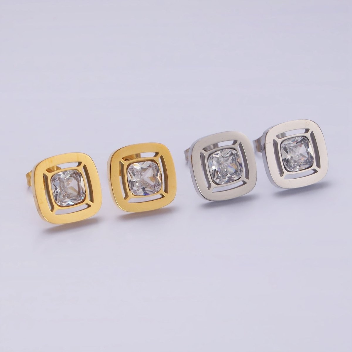 Stainless Steel 12mm Clear CZ Square Bezel Stud Earrings in Gold & Silver | AB1121 AB1122