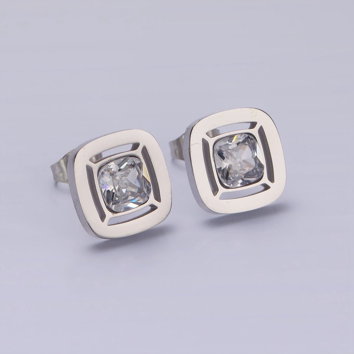 Stainless Steel 12mm Clear CZ Square Bezel Stud Earrings in Gold & Silver | AB1121 AB1122
