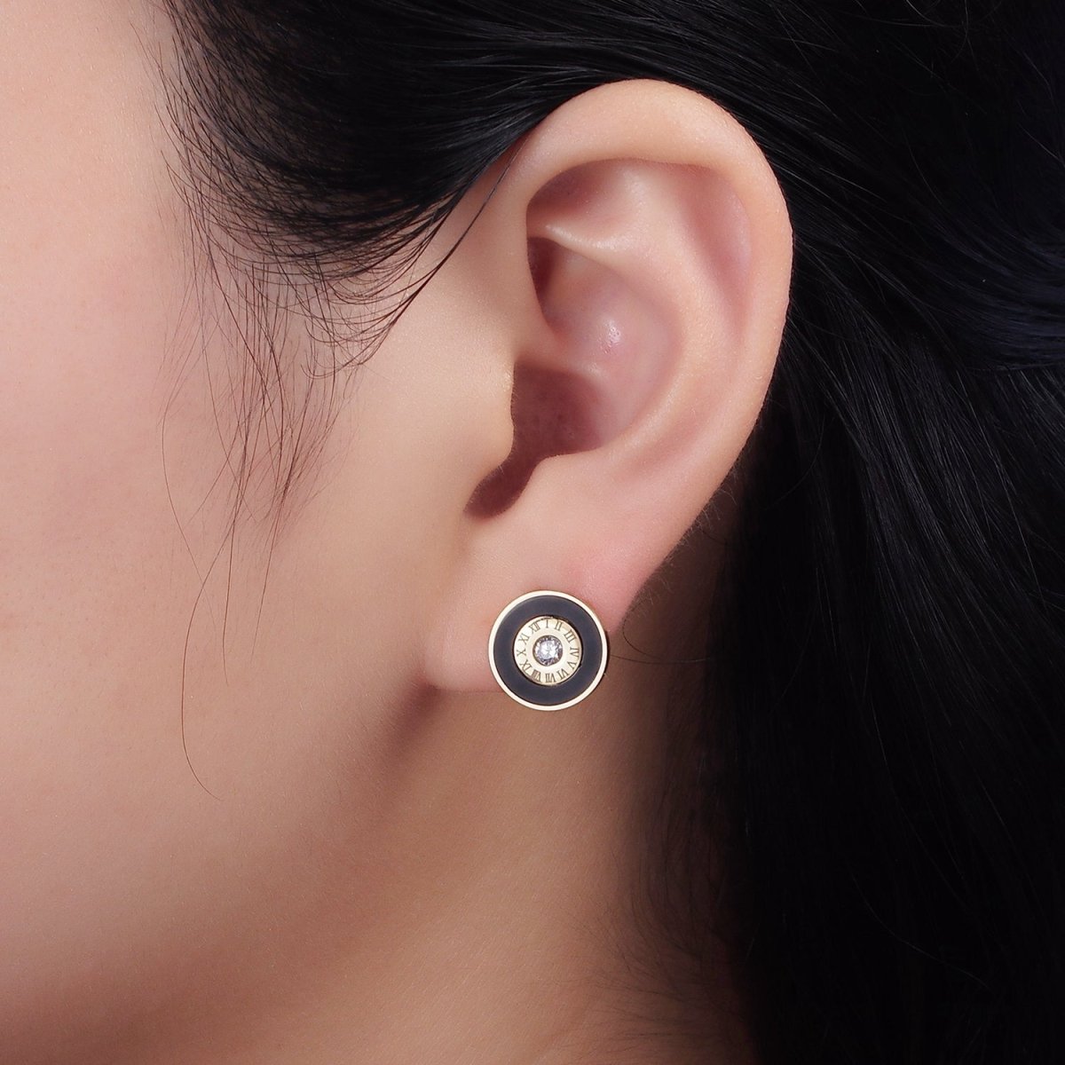 Stainless Steel 12mm Clear CZ Time Clock Engraved Black Round Stud Earrings | AE716