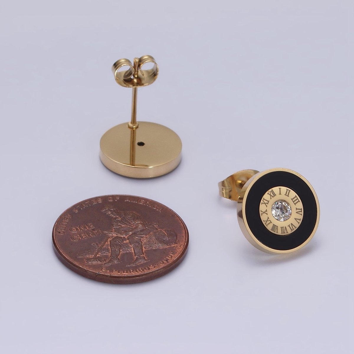 Stainless Steel 12mm Clear CZ Time Clock Engraved Black Round Stud Earrings | AE716