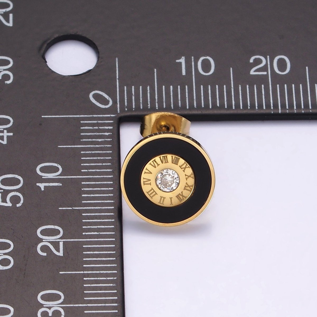 Stainless Steel 12mm Clear CZ Time Clock Engraved Black Round Stud Earrings | AE716
