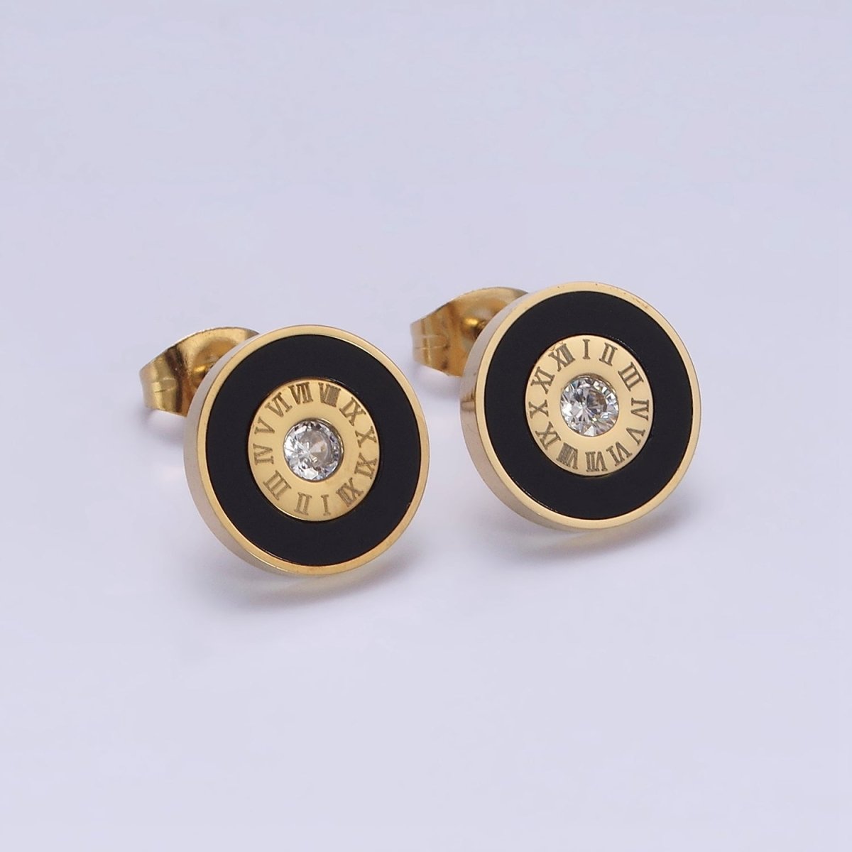 Stainless Steel 12mm Clear CZ Time Clock Engraved Black Round Stud Earrings | AE716