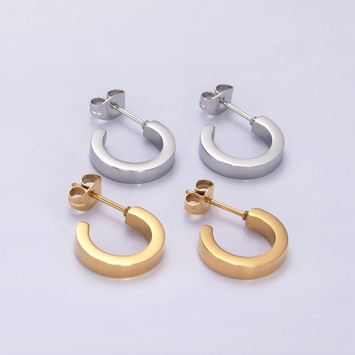 Stainless Steel 13.5mm Flat Minimalist C-Shaped Cartilage Hoop Earrings in Gold & Silver | V191