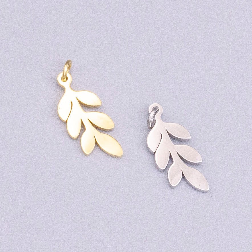 Stainless Steel 13mm Olive Foliage Leaf Nature Charm in Gold & Silver | P-916
