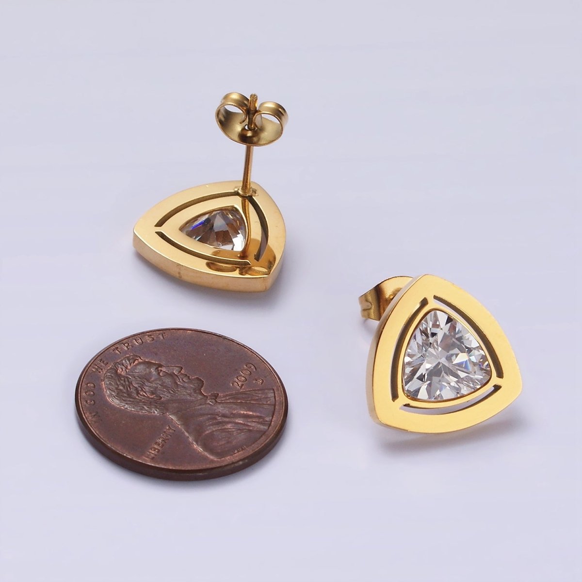 Stainless Steel 14mm Clear CZ Triangle Bezel Stud Earrings in Gold & Silver | AB1119 AB1120