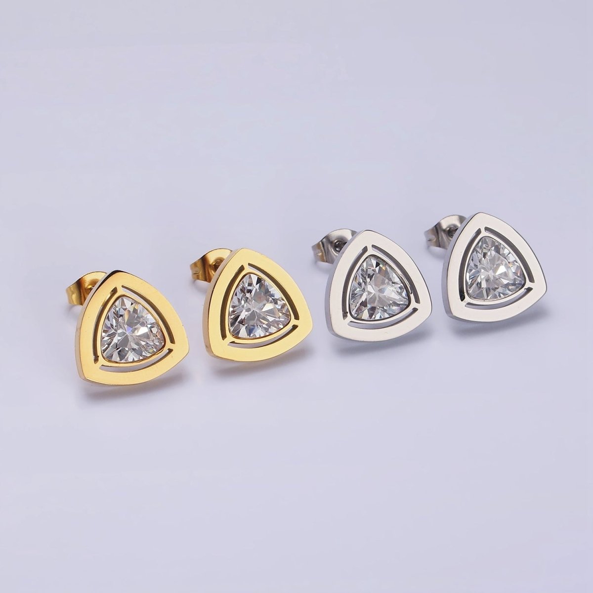Stainless Steel 14mm Clear CZ Triangle Bezel Stud Earrings in Gold & Silver | AB1119 AB1120