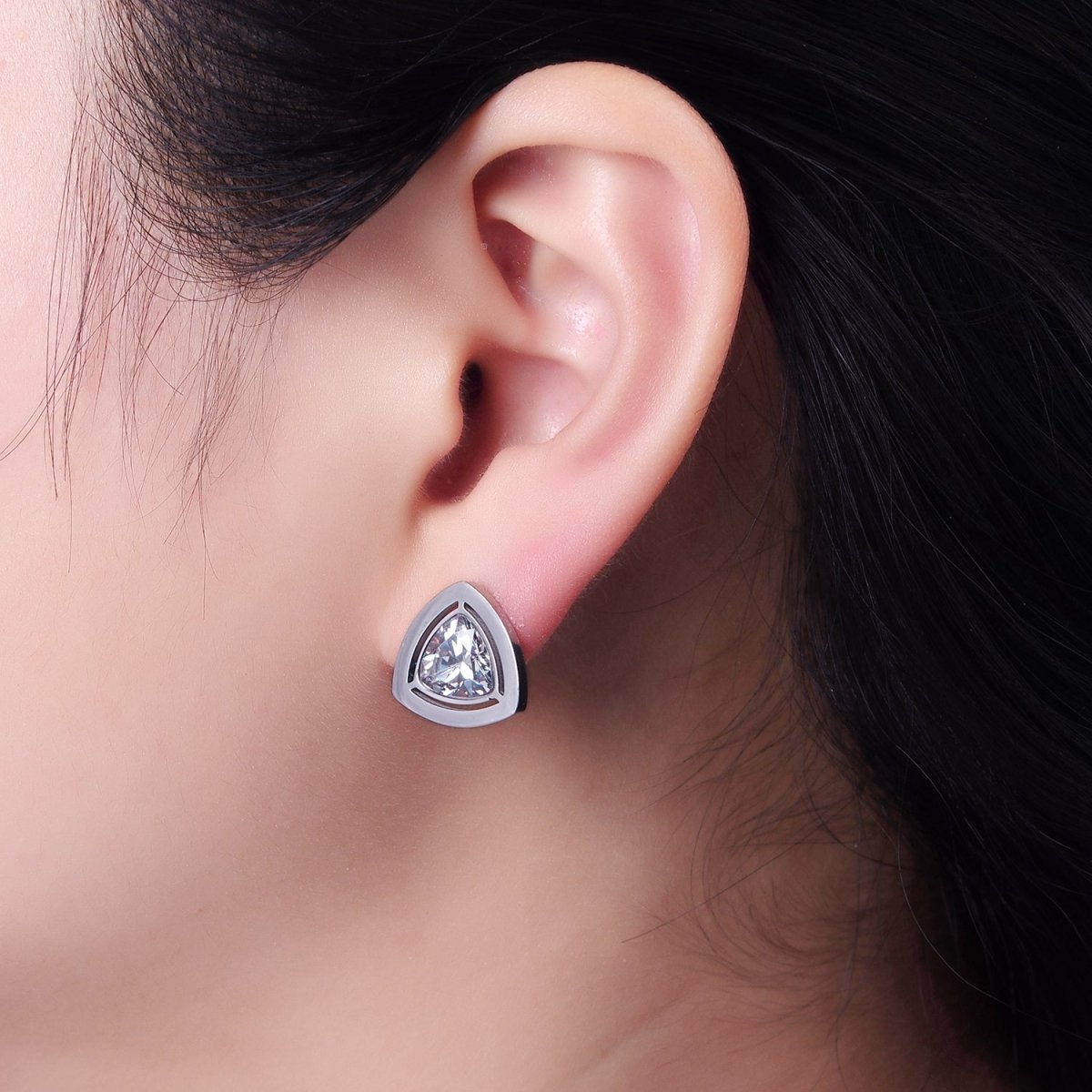 Stainless Steel 14mm Clear CZ Triangle Bezel Stud Earrings in Gold & Silver | AB1119 AB1120