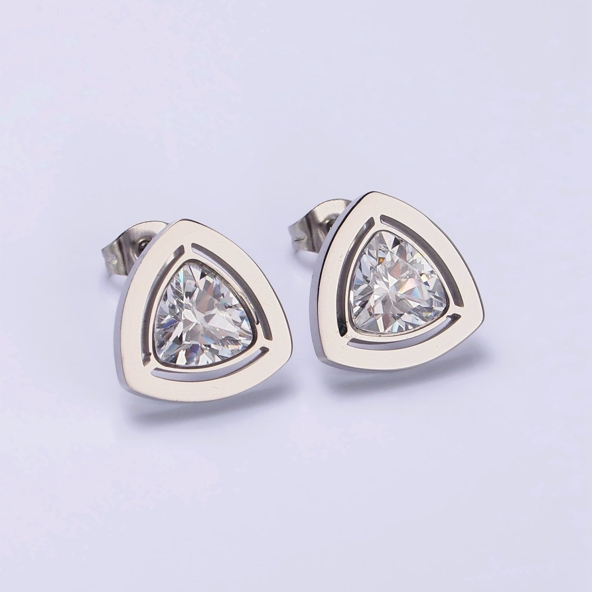 Stainless Steel 14mm Clear CZ Triangle Bezel Stud Earrings in Gold & Silver | AB1119 AB1120