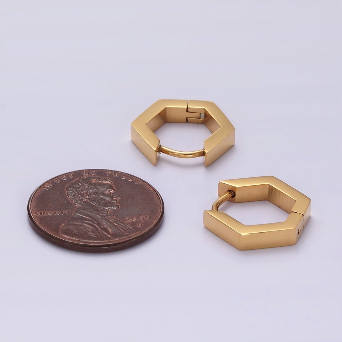 Stainless Steel 14mm Flat Hexagon Minimalist Huggie Earrings in Gold & Silver | V195