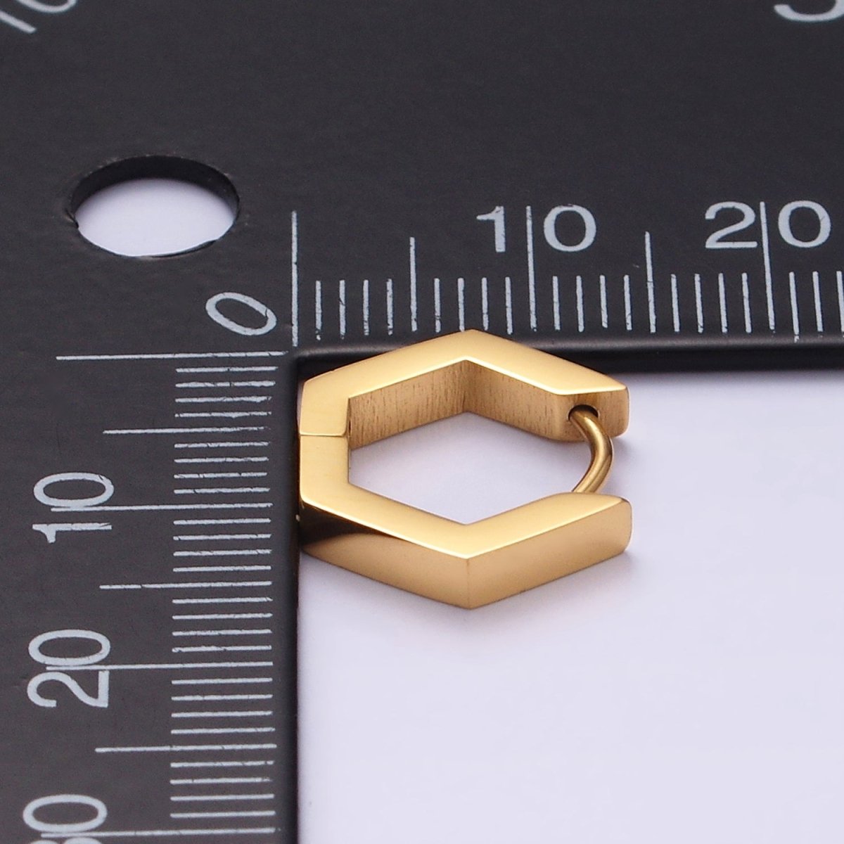 Stainless Steel 14mm Flat Hexagon Minimalist Huggie Earrings in Gold & Silver | V195