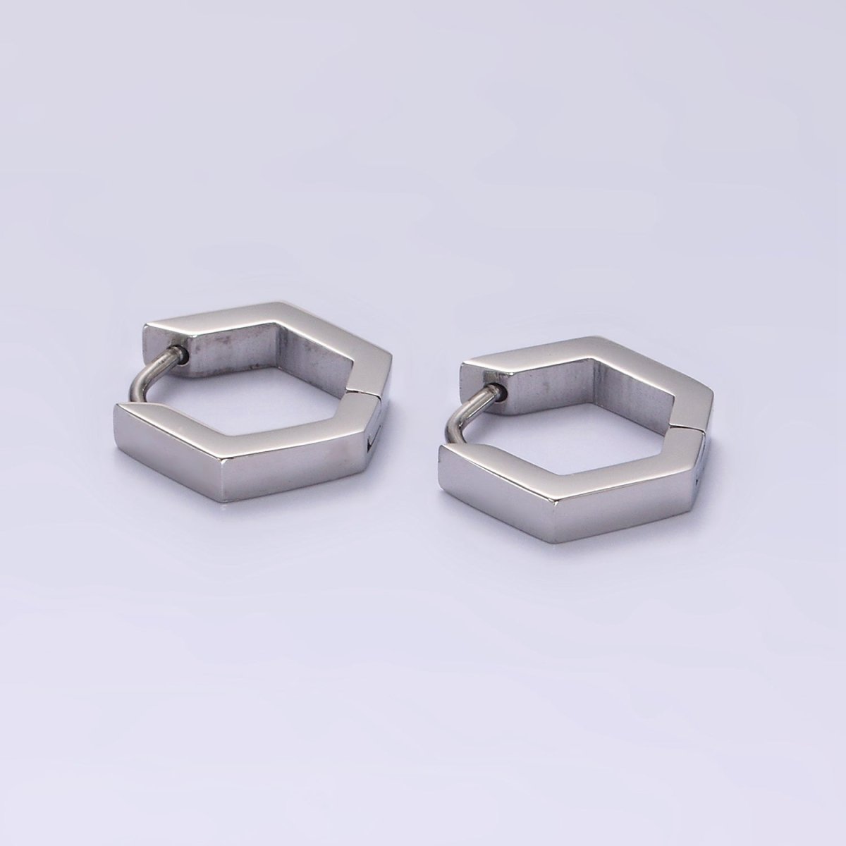 Stainless Steel 14mm Flat Hexagon Minimalist Huggie Earrings in Gold & Silver | V195