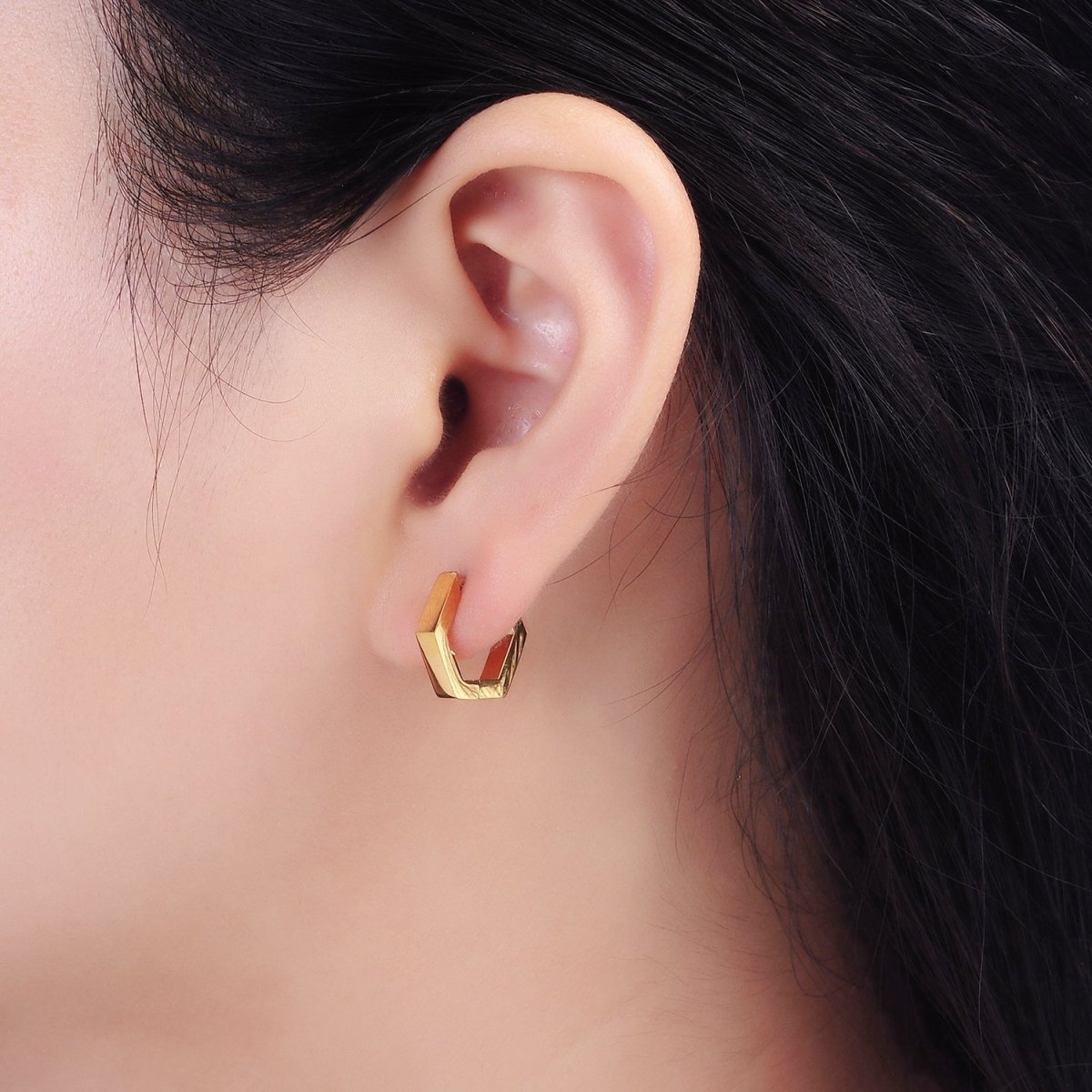 Stainless Steel 14mm Flat Hexagon Minimalist Huggie Earrings in Gold & Silver | V195