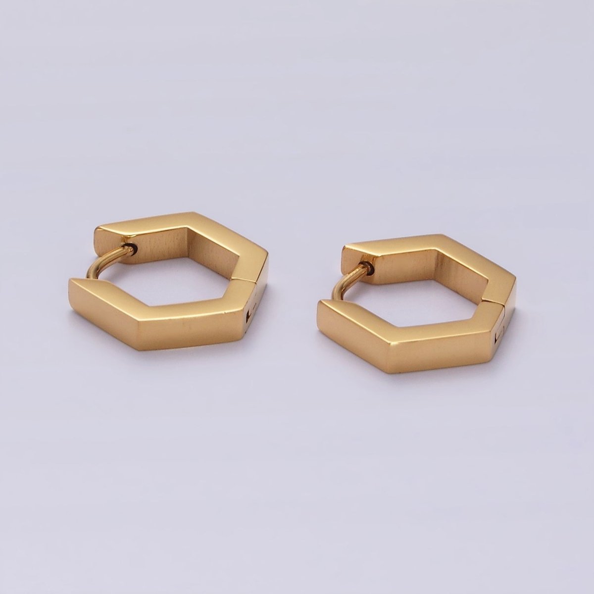 Stainless Steel 14mm Flat Hexagon Minimalist Huggie Earrings in Gold & Silver | V195