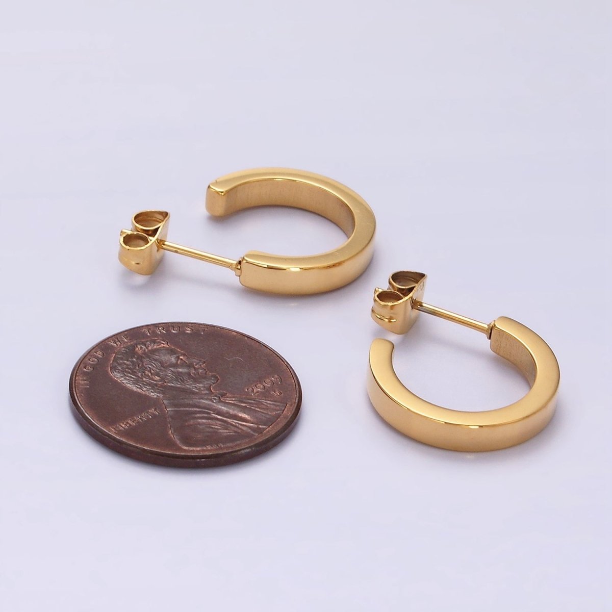 Stainless Steel 15.7mm Flat Minimalist C-Shaped Hoop Earrings in Gold & Silver | V189