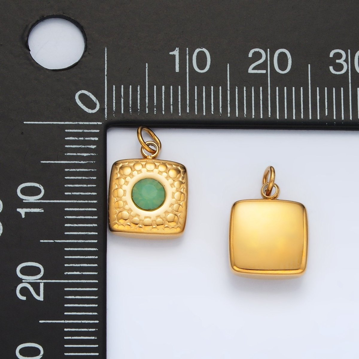 Stainless Steel 15mm Green Aventurine CZ Textured Square Mini Charm | P1040 - DLUXCA