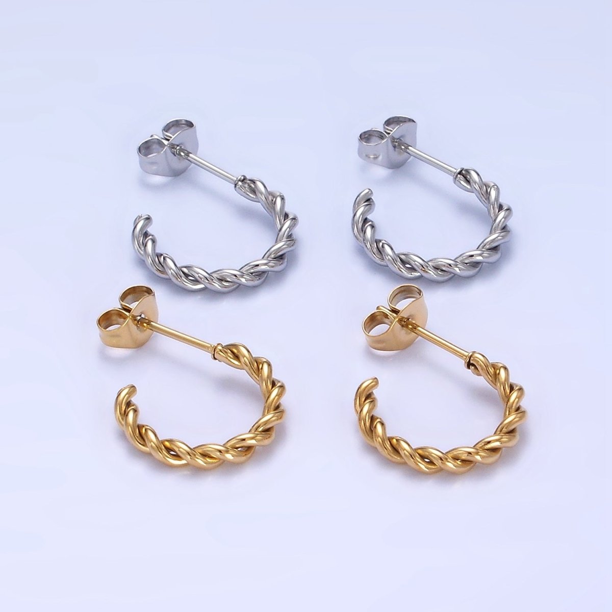 Stainless Steel 15mm Rope Croissant C-Shaped Earrings in Gold & Silver | AB1396 AB1397