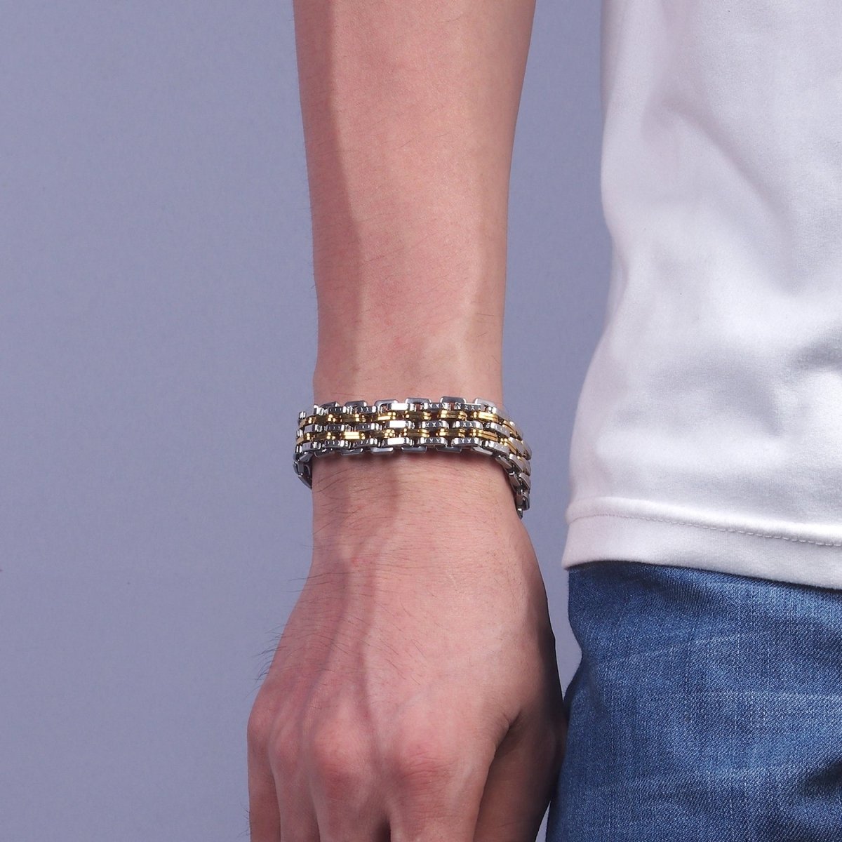 Stainless Steel 16mm Mixed Metal Designed Multiple Chain Link Men's Statement 9 Inch Bracelet | WA-2254 Clearance Pricing