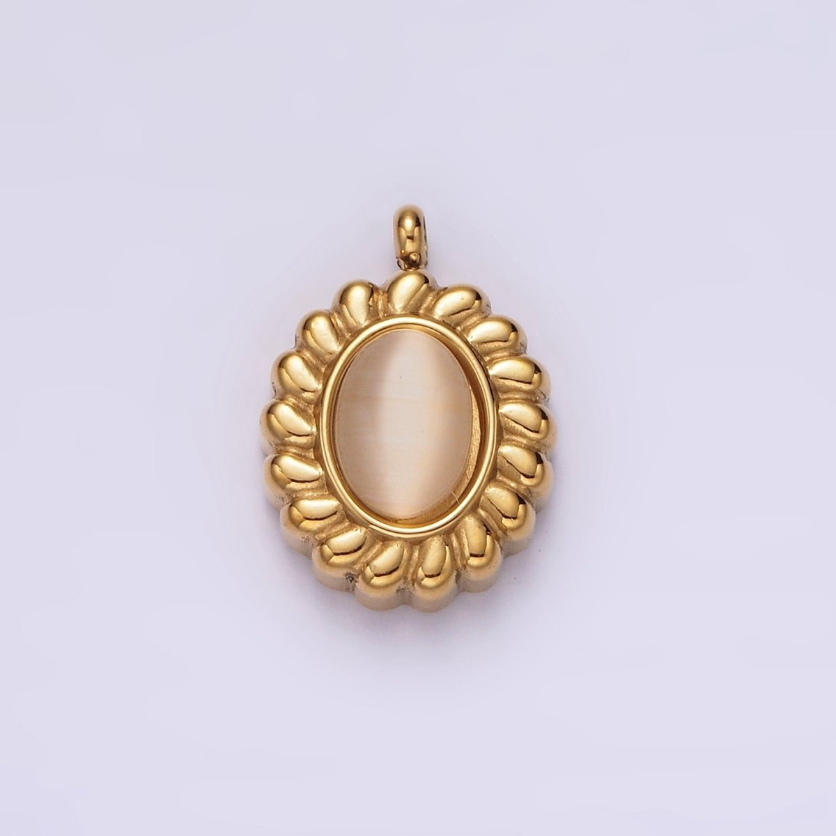 Stainless Steel 17mm Chrysoberyl Cat's Eye Puffed Outline Oval Charm in Gold & Silver | P1261