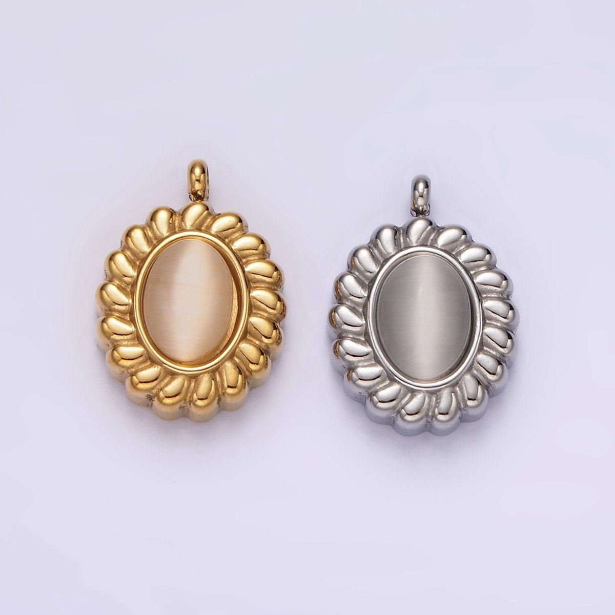 Stainless Steel 17mm Chrysoberyl Cat's Eye Puffed Outline Oval Charm in Gold & Silver | P1261