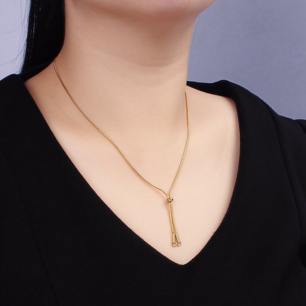 Stainless Steel 1mm Snake Chain Slider 20 Inch Y Necklace Gold & Silver | WA-2488 WA-2489