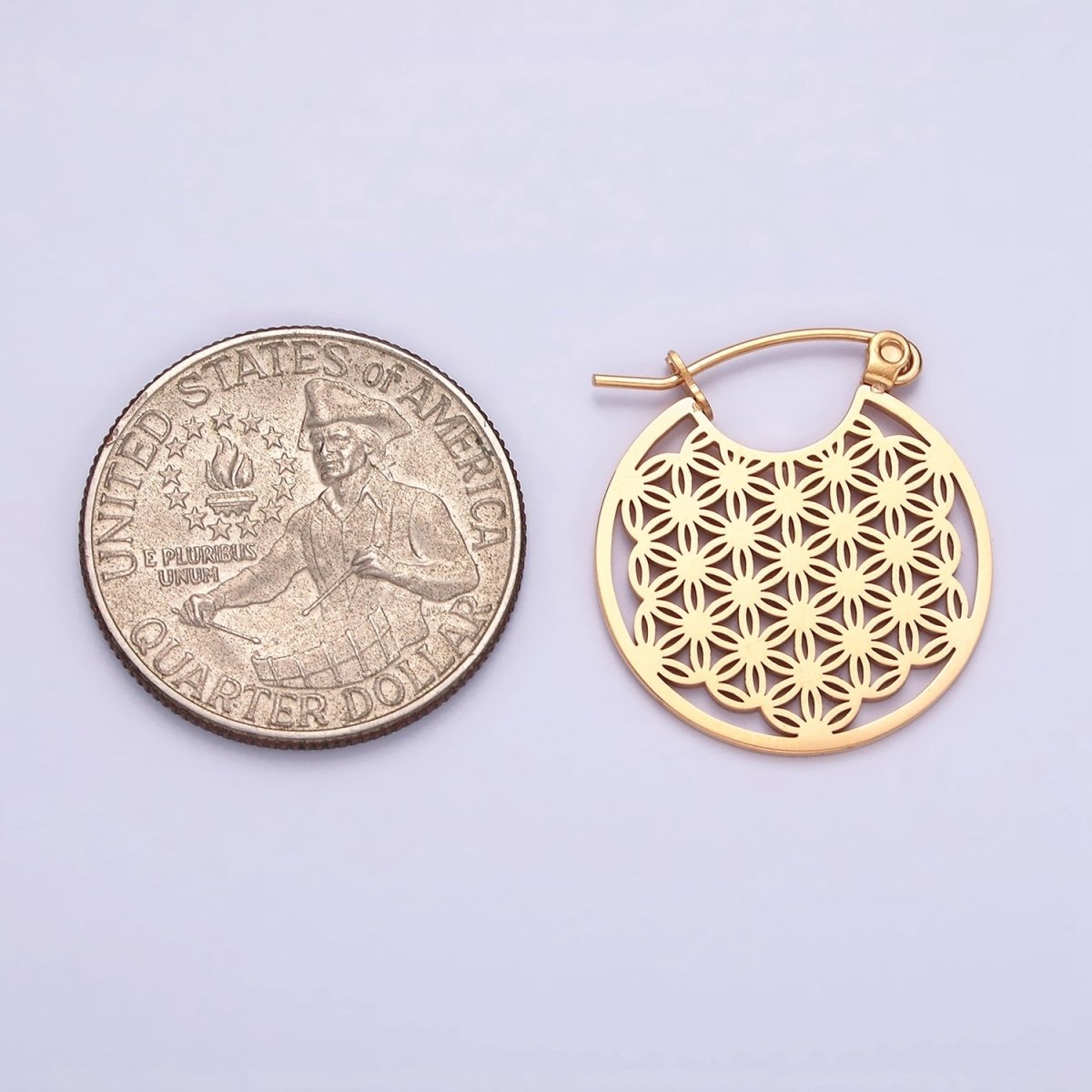 Stainless Steel 20mm Artisan Flower Open Round Latch Hoop Earrings | AE709 AE710