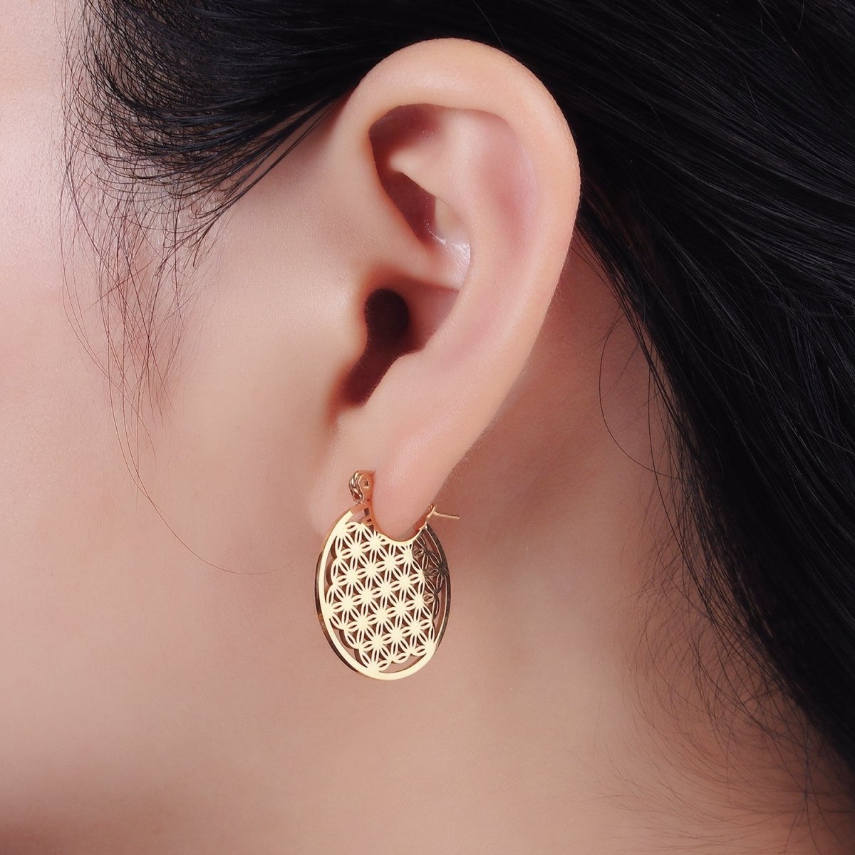 Stainless Steel 20mm Artisan Flower Open Round Latch Hoop Earrings | AE709 AE710