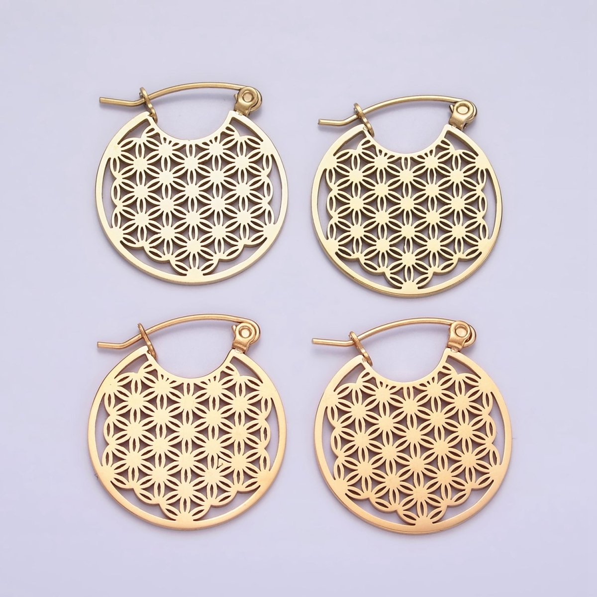 Stainless Steel 20mm Artisan Flower Open Round Latch Hoop Earrings | AE709 AE710
