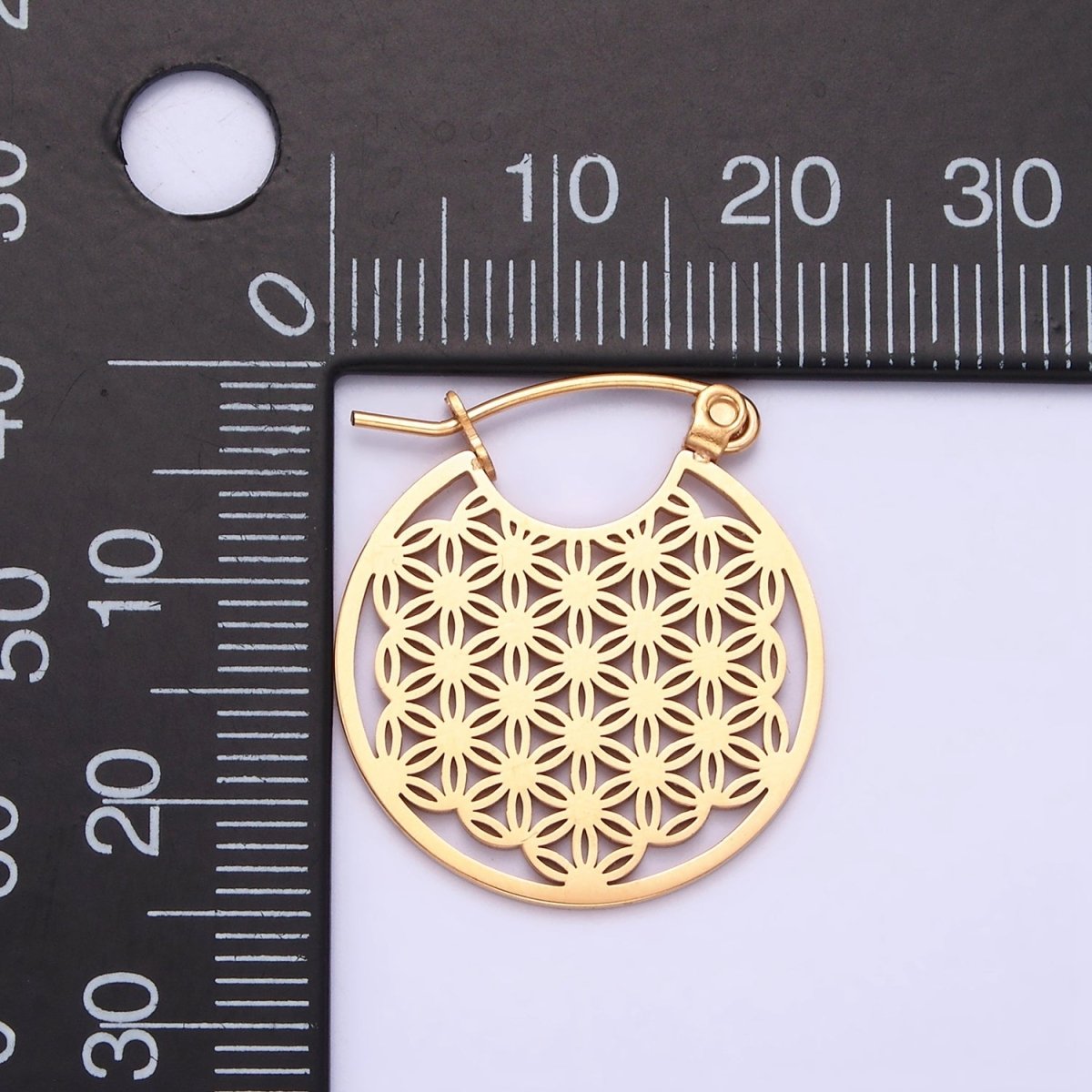 Stainless Steel 20mm Artisan Flower Open Round Latch Hoop Earrings | AE709 AE710