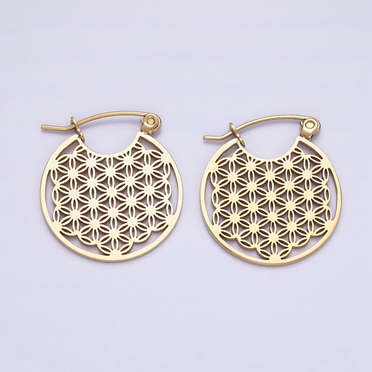 Stainless Steel 20mm Artisan Flower Open Round Latch Hoop Earrings | AE709 AE710