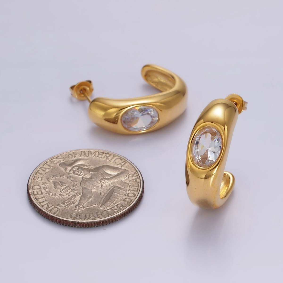 Stainless Steel 20mm Clear Oval CZ Edged J-Shaped Hoop Earrings | AE395 - DLUXCA