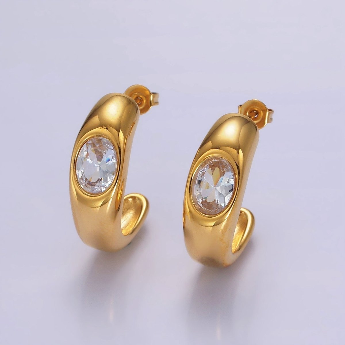 Stainless Steel 20mm Clear Oval CZ Edged J-Shaped Hoop Earrings | AE395 - DLUXCA